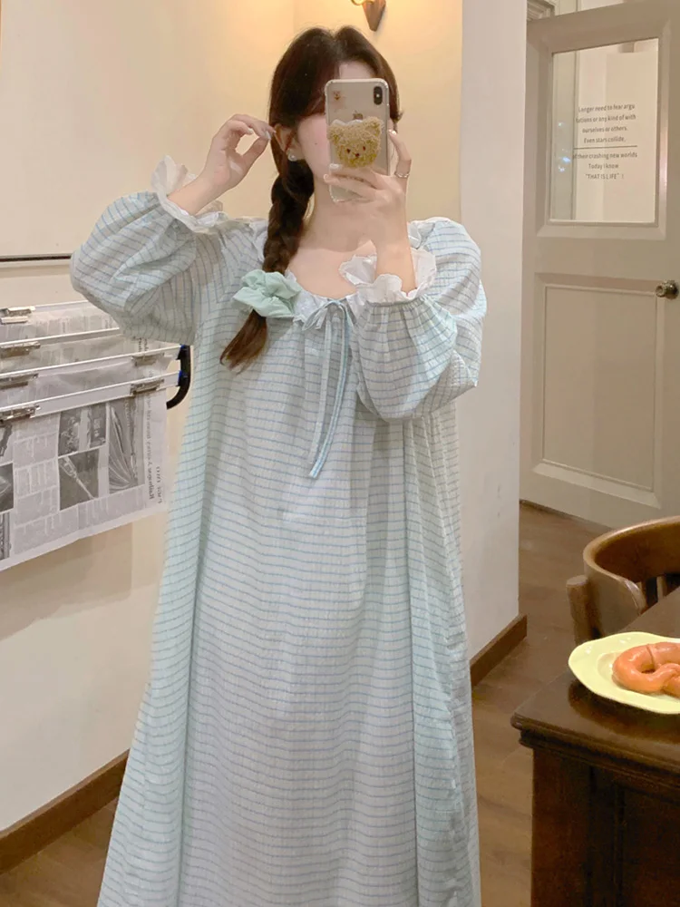 New Home 3Colors Girlish Style Plaid Stripe  Long Sleeve NightDress Women Korean Lace Loose Elegant Casual Comfortable Sleepwear