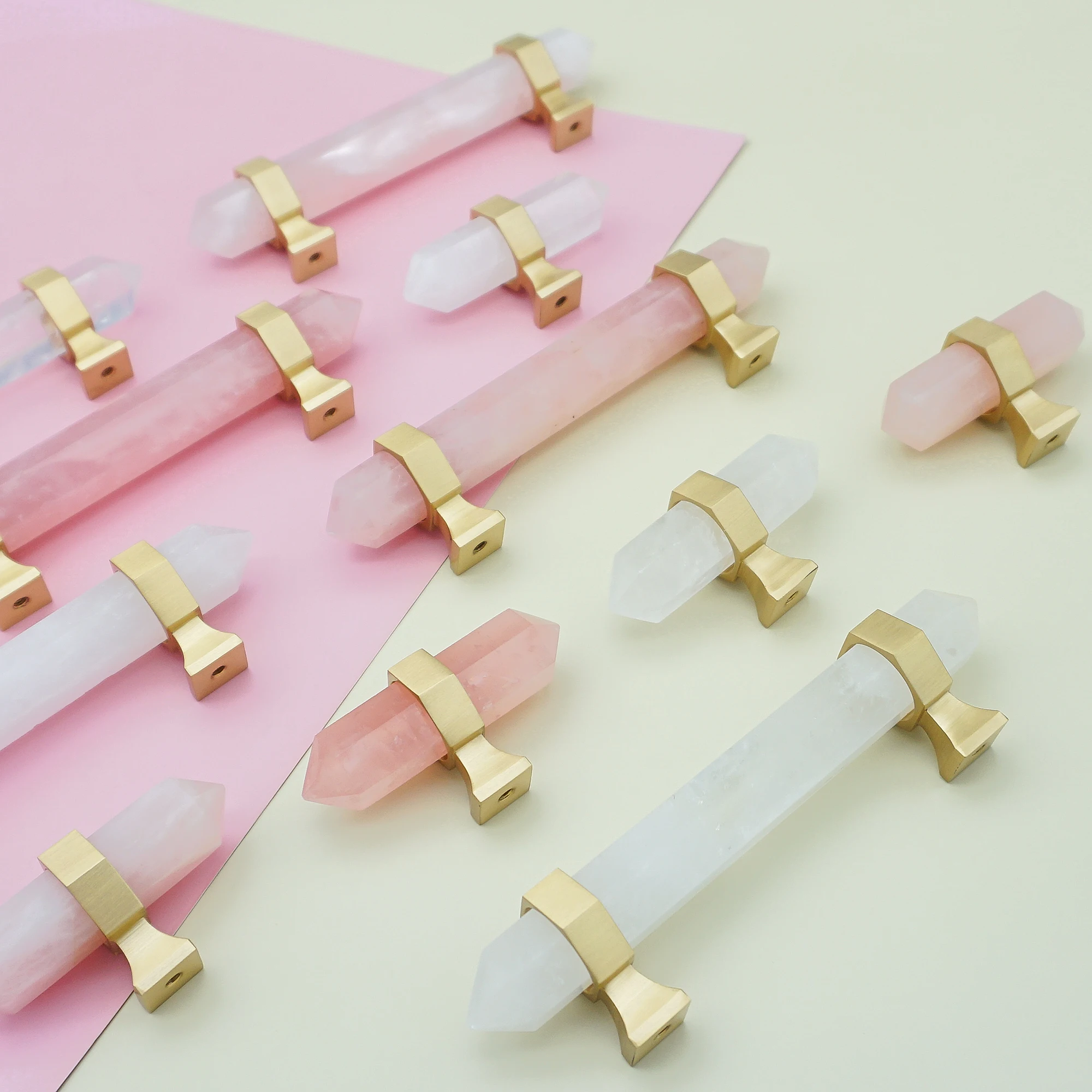 Natural Crystal With Brass Handles for Cabinets and Drawers Light Luxury Wardrobe Pulls Modern Pink White Furniture Handles
