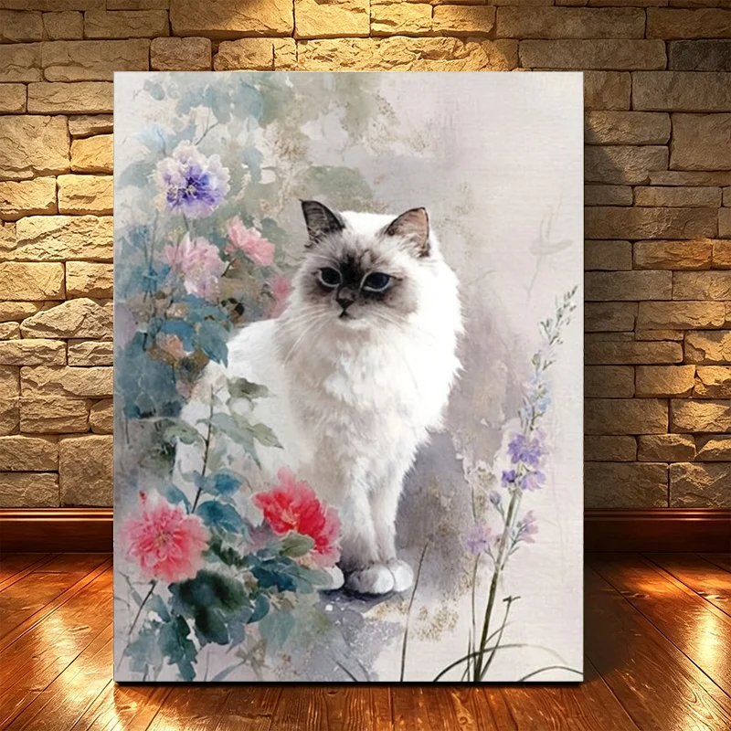 Professional Art Use, 1 Set Professional Art-Grade Adult Paint by Numbers DIY Kit, Watercolor Style Ragdoll Cat with Blooming Fl