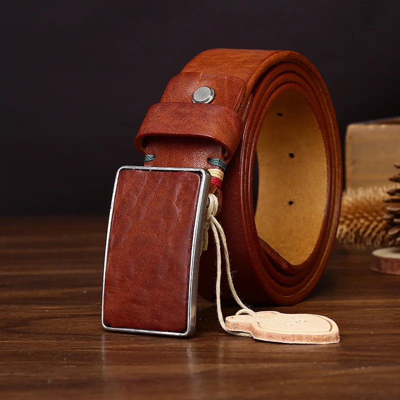 3.8cm Vintage Cowhide  Stainless Steel Smooth Buckle Belt Men's Plate Buckle Genuine Leather Top Layer Cowhide Waist Belt Men