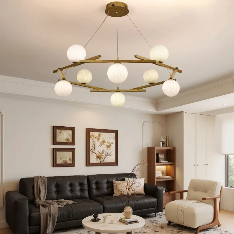 Nordic Cream Style Striped Glass Cover Pendant Light Polygonal Gold Metal Lamp Hall Dining Room Bedroom Living Room Hanging Lamp