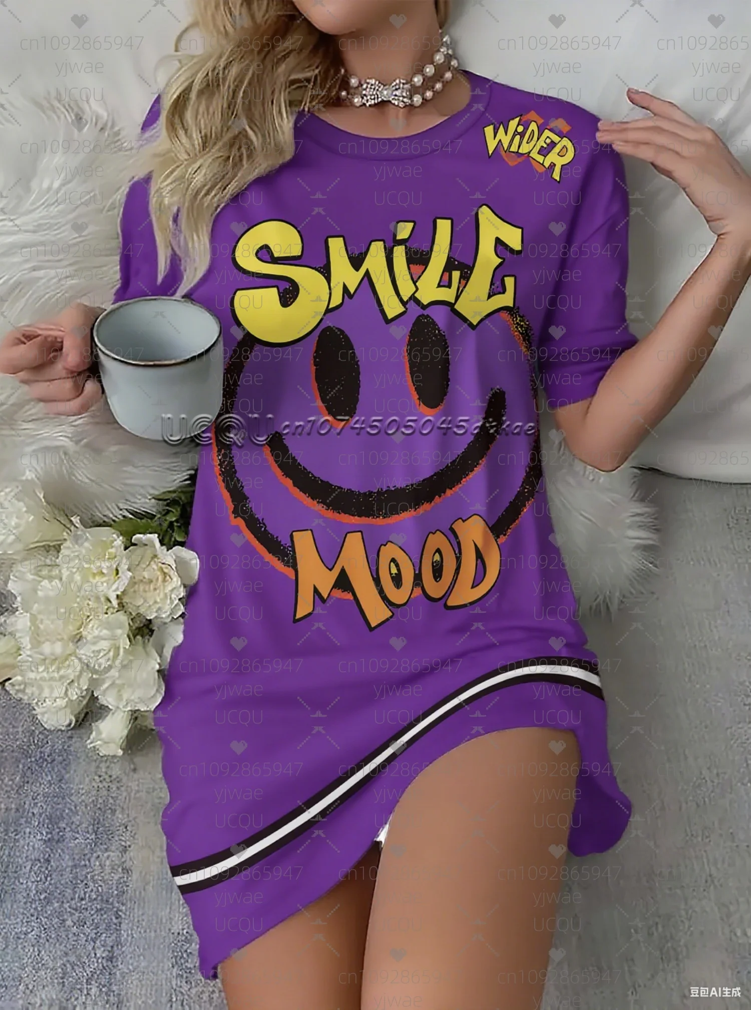 2025 الصيف المرأة تي شيرت فستان فضفاض عادية ابتسامة الوجه مطبوعة س الرقبة سيدة قصيرة الأكمام البلوز فساتين النساء الملابس