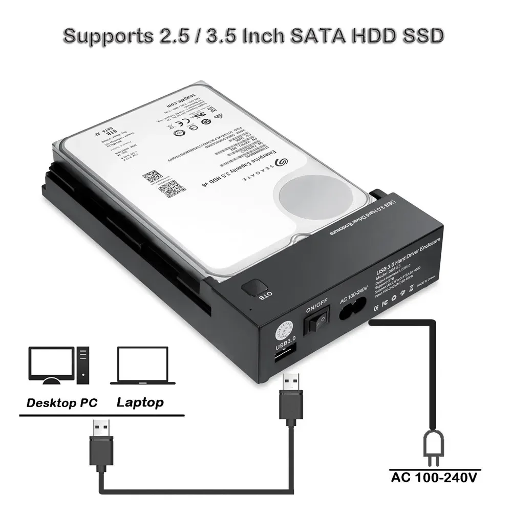 3.5 Inch USB 3.0 to SATA III External Hard Drive Enclosure Case Built-in Adapter Support Both 2.5" & 3.5" SATA HDD SSD Tool Free