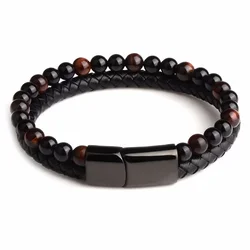 Bilayer Charm Natural Tiger Eye Stone 6mm Bead Bracelet Woven Leather Rope 21cm 23cm Bracelets For Men&Women DIY Fashion Jewelry