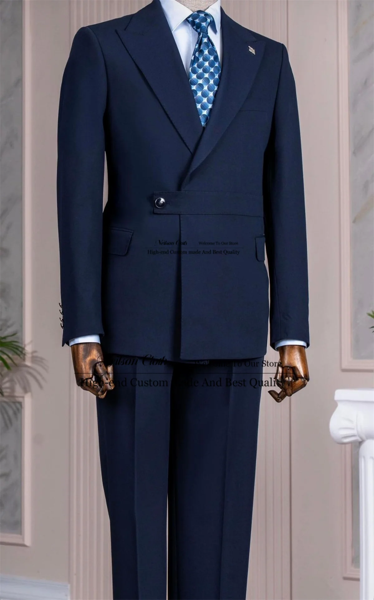 

Business Dark Blue Male Prom Blazers 2 Pcs Sets Slim Fit Groom Wedding Tuxedos One Button Peaked Lapel Customized Costume Homme
