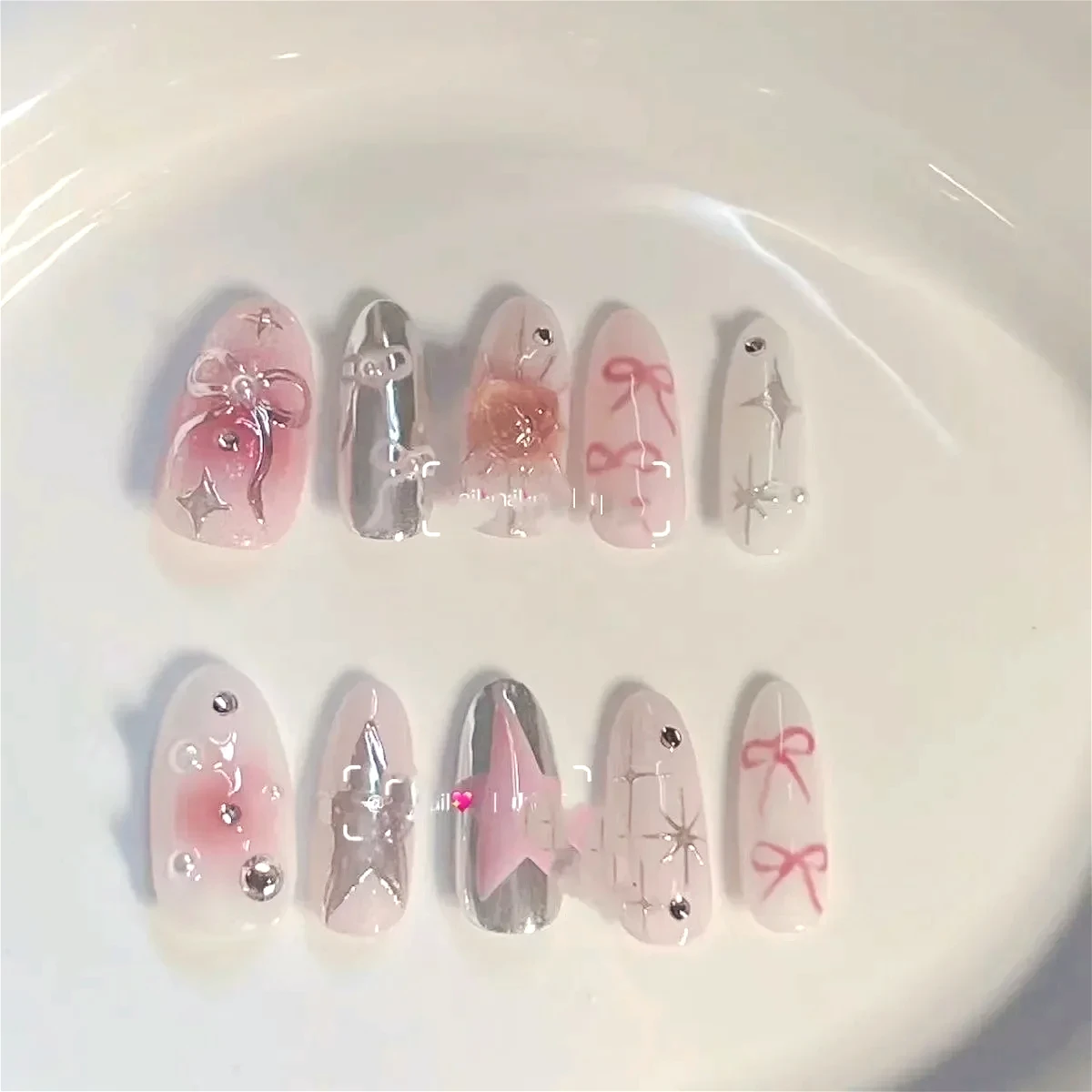 10Pc Aurora Pink Press on Nails with 3D ripple Bow Knot Love design French Almond False Nails handmade Full Cover Fake Nail Tips