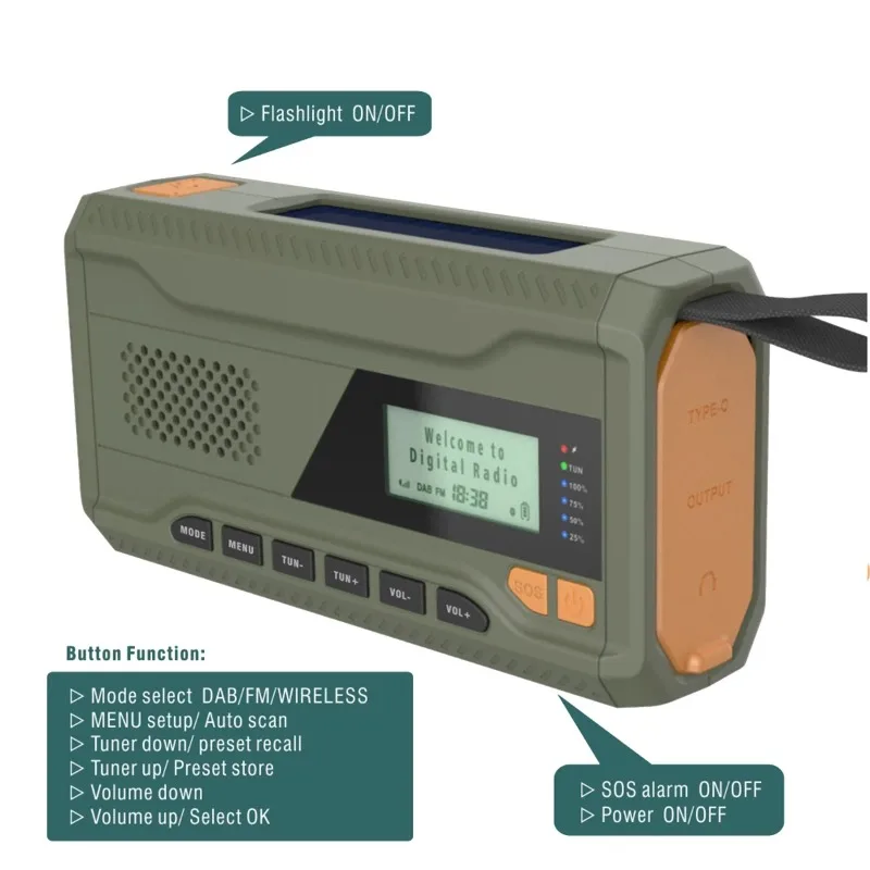 

DAB/FM Bluetooth Radio Outdoor Emergency Radio 4500Mah Battery Radio Portable Solar Hand Crank Radio-BCBW