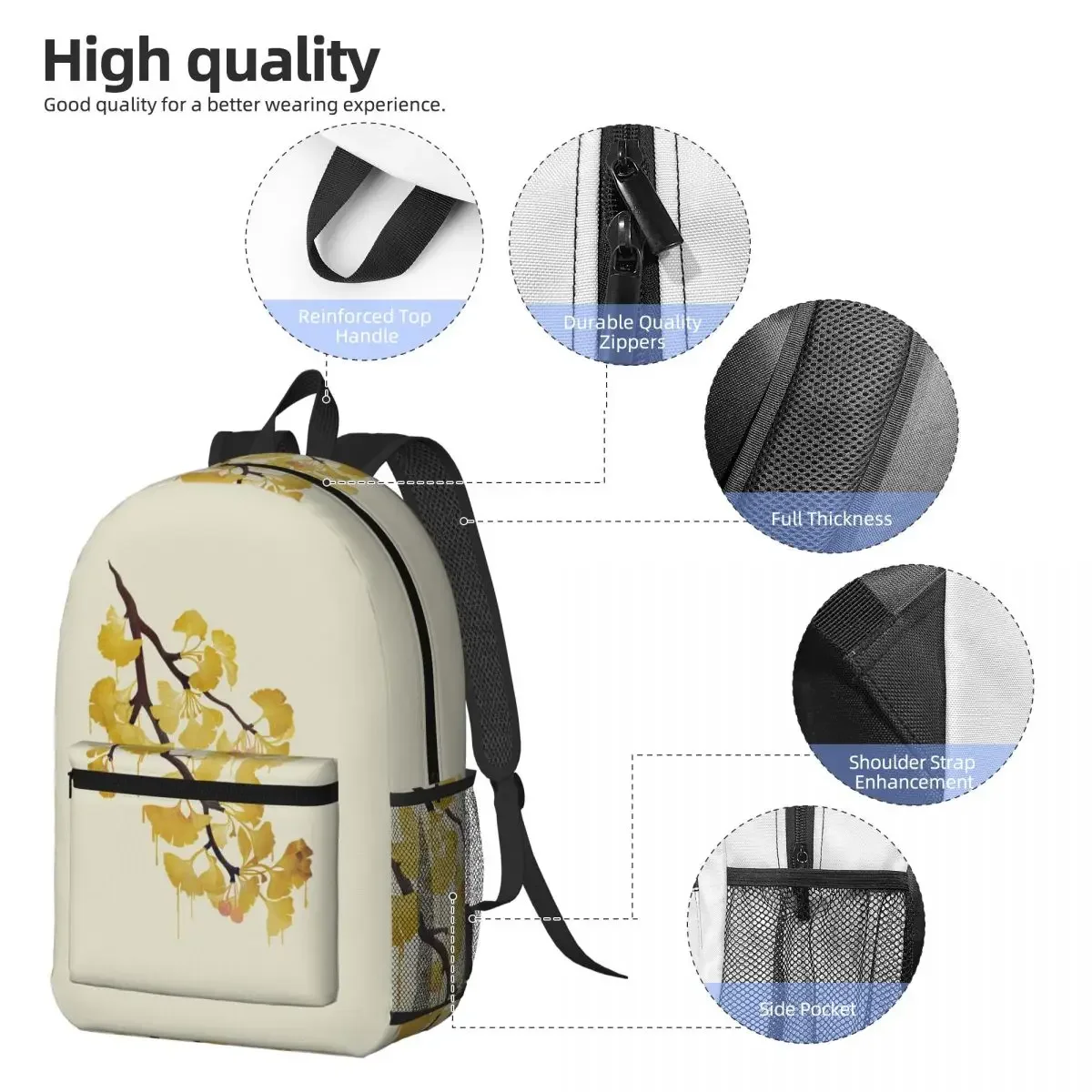 Light Colour Ginkgo Flowers Floral Backpack Daypack Large Capacity Kids BookBag School Bag Shoulder Bags for Men Women