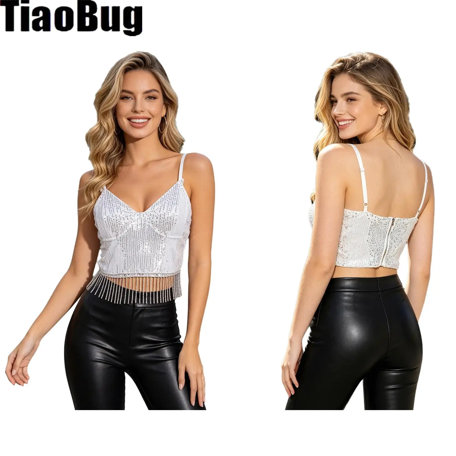 

Womens Sequins Cropped Camisole V Neck Adjustable Shoulder Straps Back Zipper Smooth Lining Tank Top with Rhinestone Tassel