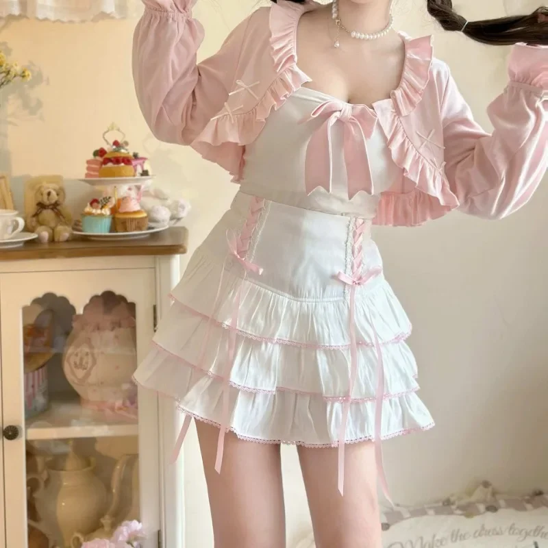 

Японские кружевные плиссированные юбки Lolita для девочек Kawaii, женские феи на шнуровке с высокой талией и бантом, Y2k, эстетичные милые мини-юбки с тортом, новинка 2024 года