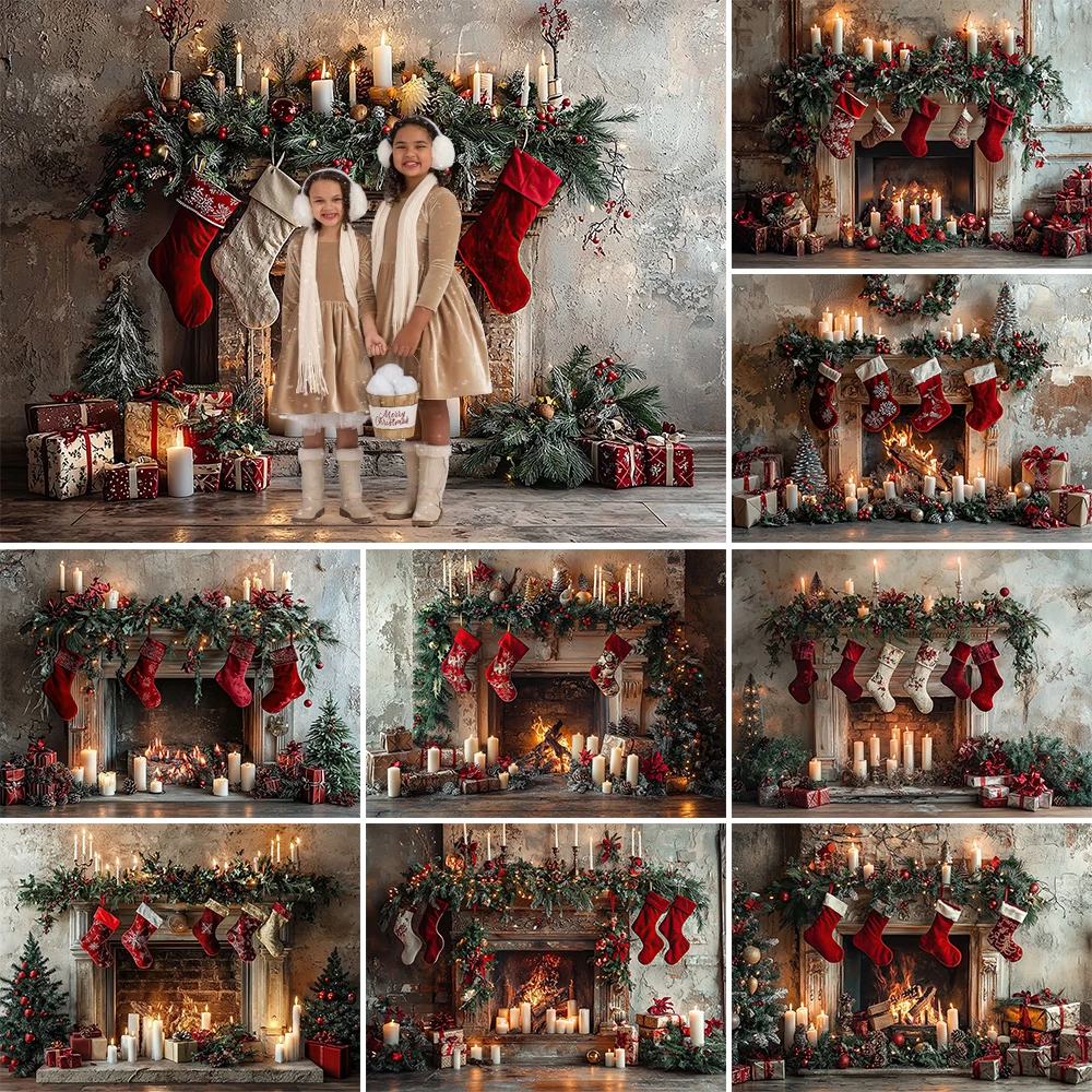 Christmas Photography Background Red Xmas Stocking Fireplace Holiday Decora Supplies Family Portrait Photo Backdrop Studio Props