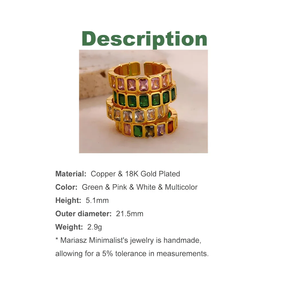 1/4 Pairs Adjustable Rectangle Copper Pave CZ Stone Golden Colorful Green Open Cuff Rings for Women Jewelry Set Christmas Gift