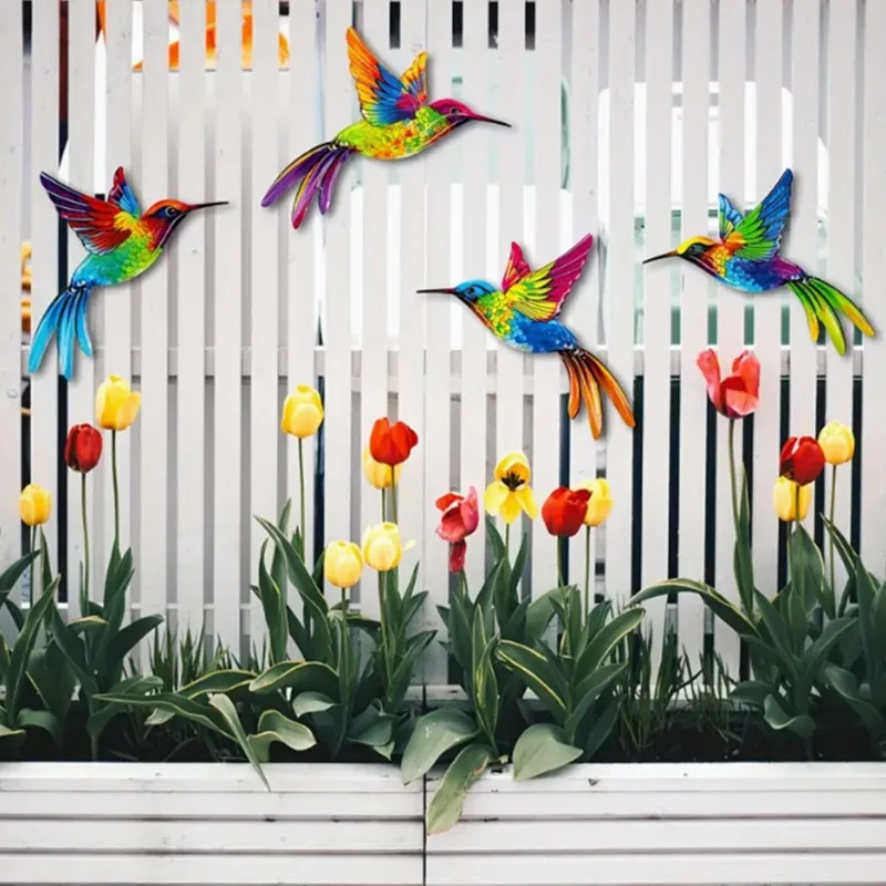 4pcs Metal Hummingbird Wall Decor Garden Courtyard Balcony Fence Decoration Metal Art Crafts