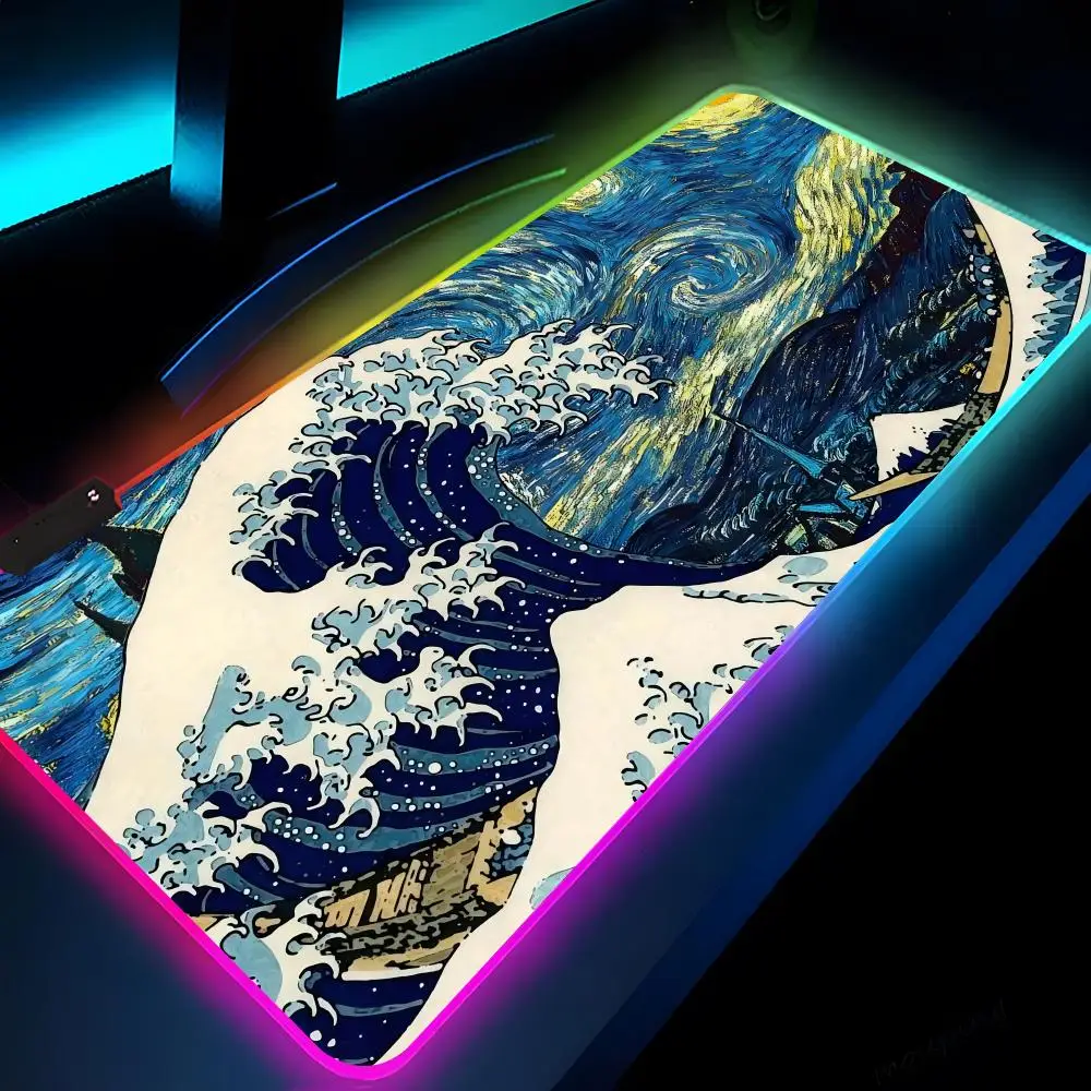 Imagem -03 - Japão Arte Grandes Ondas Mouse Pad Vídeo Game Led Mousemats Gaming Table Pads pc Desk Mat Tapete de Teclado Rgb Xxl 700x300