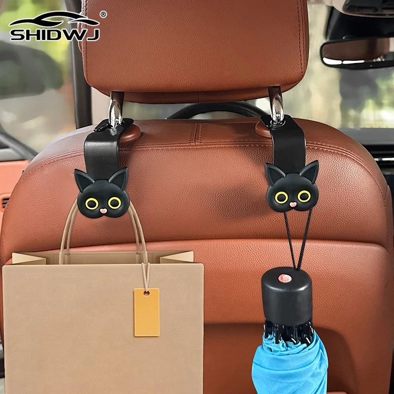 2Pcs Adorable 3D Cartoon Cat Car Seat Headrest Hooks - Universal Vehicle Storage Organizer For Handbags,Purses Coats Cute