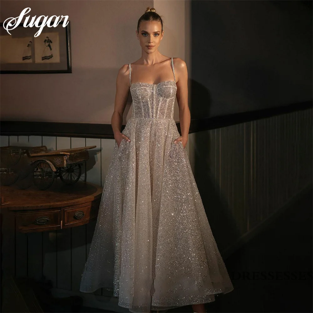 Spaghetti Strap Shiny Sweetheart Princess Wedding Dresses Glitter Tulle Sexy Spaghetti Straps Ankle Length Boho Bride Dresses