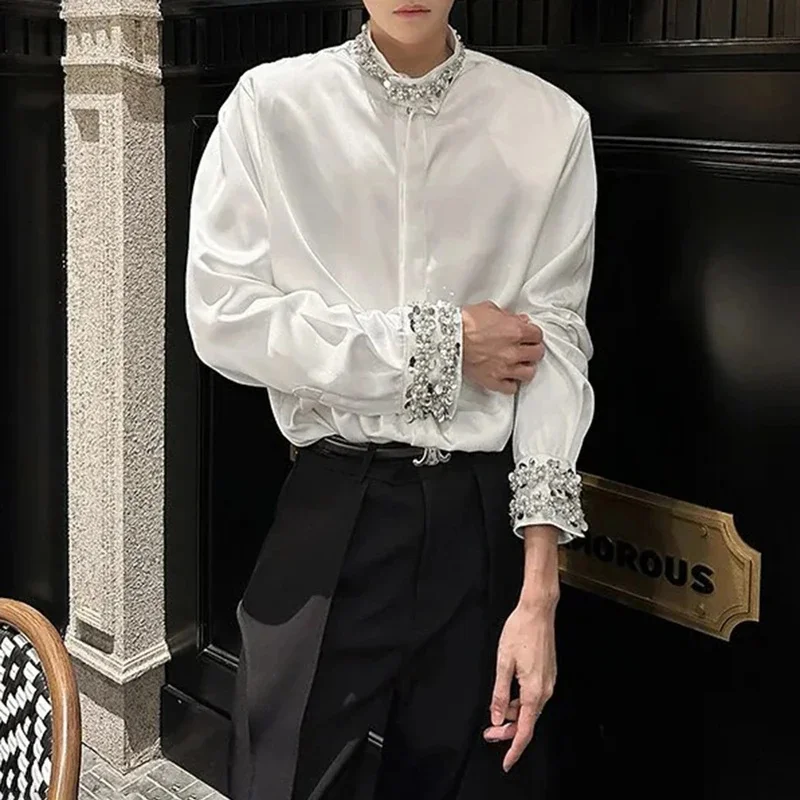 Men Acetate Shirt Spring Heavy Sequin Embroidery Shoulder‑Padded Design Luxury Loose Casual Top