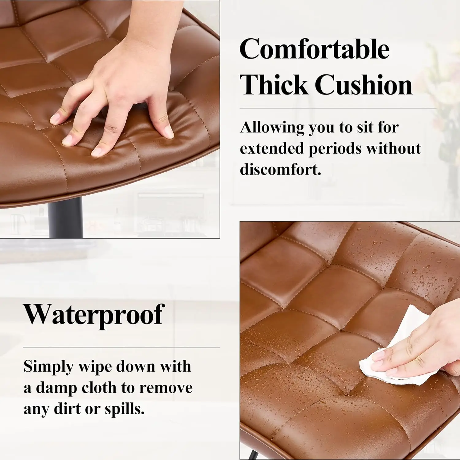 Swivel Bar Stools Set of 2 with Backs, Adjustable Height 24'-33', Modern Brown Faux Leather Kitchen Bar Stools