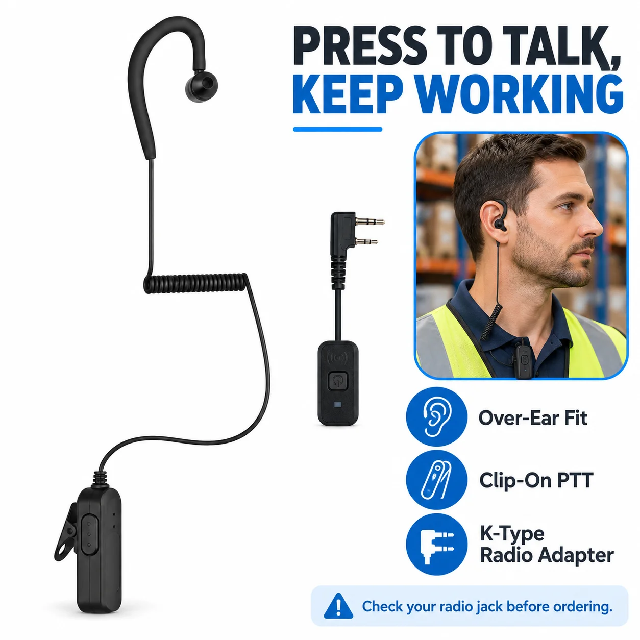 SHJ Bluetooth Walkie Talkie Earpiece with Clip-On PTT, K-Type 2-Pin Radio Adapter, Over-Ear Headset, USB-C Rechargeable
