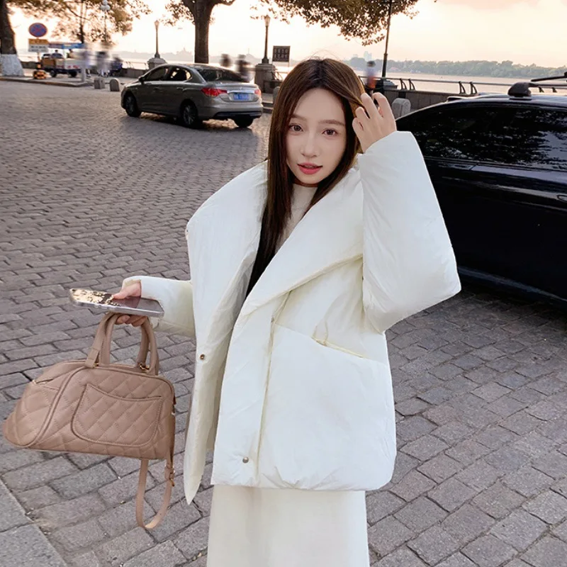 

Women's Winter Lapel Puffer Jacket Loose Fashion Down Cotton Coat Woman Solid Color Casual Windproof Warm Cropped Parkas