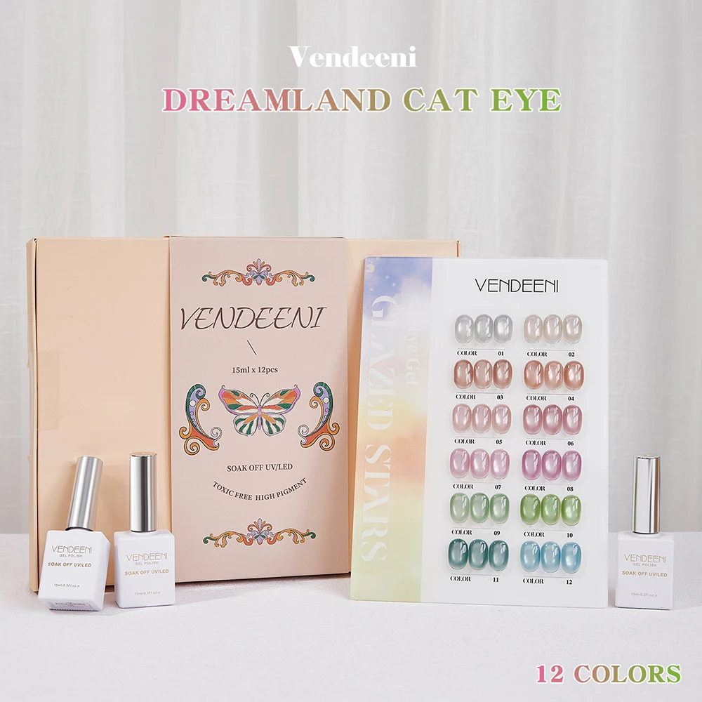 Vendeeni 12 Farben/Set Dreamland Kristall-Katzenaugen-Gel-Nagellack Jelly Magnetischer UV-Soak-Off-Gel-Lack Katzenaugen-Gel mit Display – Detail 1