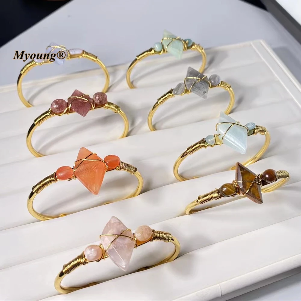 

Marquise Shape Natural Gems Stone Cuff Bangle Crystal Strawberry Quartz Labradorite Wire Wrapped Bracelet For Women