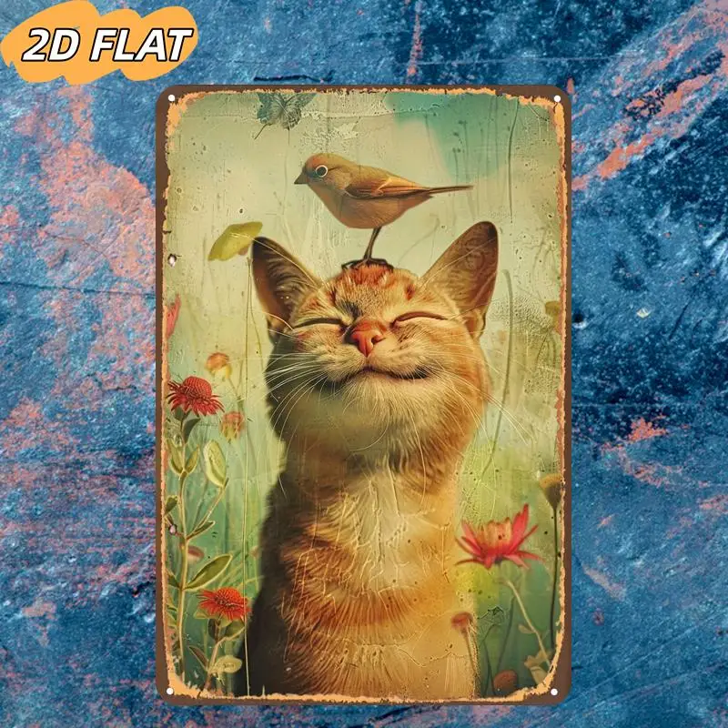 2D Flat, 2D Flat 1pc,A Content Cat with a Bird Perched on Its Head Amidst Blooming Flowers,metal Lron Sign,size(8