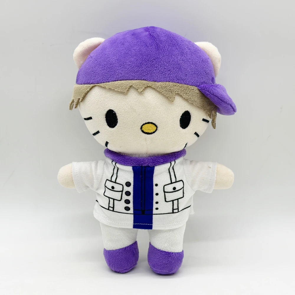 

Cute 24cm Hello Kitty Justin Bieber Plush Doll in Stylish Purple Hat White Outfit, Adorable Kitten Stuffed Toy for Kids