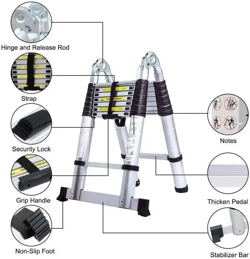 1.9M+1.9M Foldable Telescopic Ladder Safely Extends Herringbone Ladder Space-saving Straight Ladders Thickened Aluminum Ladders