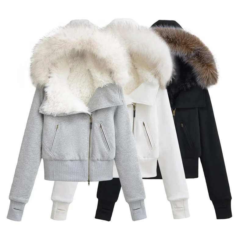 

2025 Autumn and Winter New High-end Large Fur Collar Sloping Collar Hooded Warm Jacket for Women