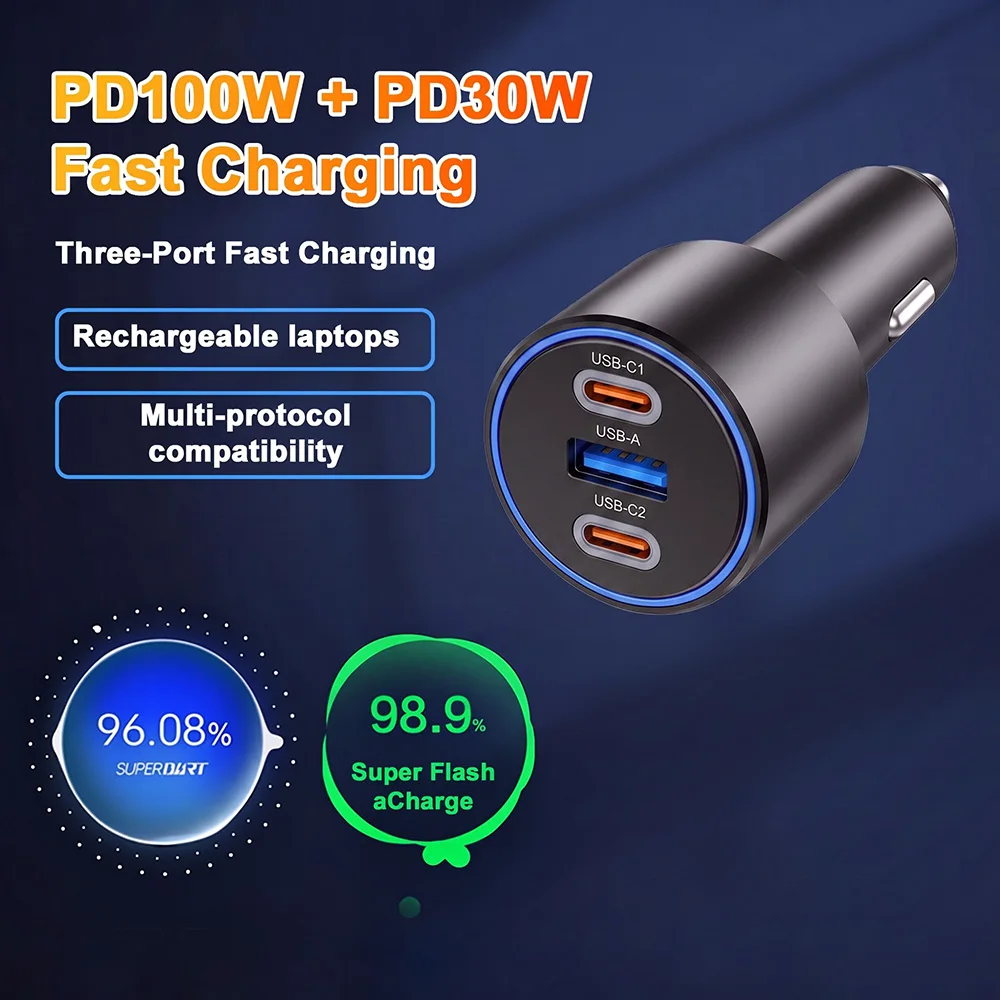 Car Charger Three Mouthfuls Ports Super Fast Charging Adapter For iPhone Samsung Xiaomi Redmi Aluminum Alloy Charger PD100W