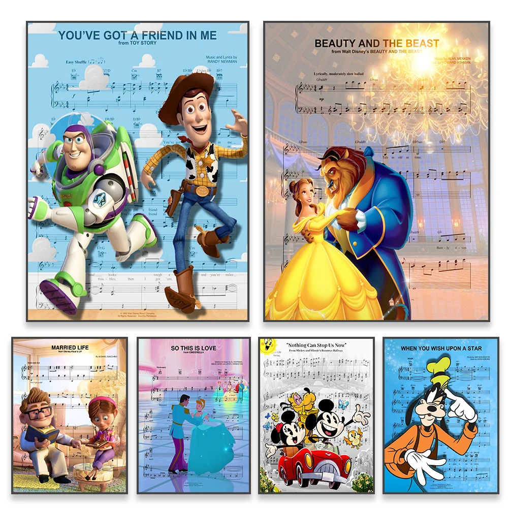 Póster de música de película de dibujos animados de Disney, arte de pared de Cenicienta, impresiones de historia de juguete, partitura de La Bella y La Bestia, decoración de pintura en lienzo