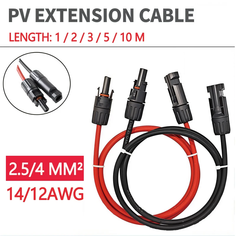 1 Pair Ends Solar Extension Cable 4/2.5 mm² 14/12AWG Aluminum Alloy DC Connectors Black and Red 1/3/5m for Photovoltaic System
