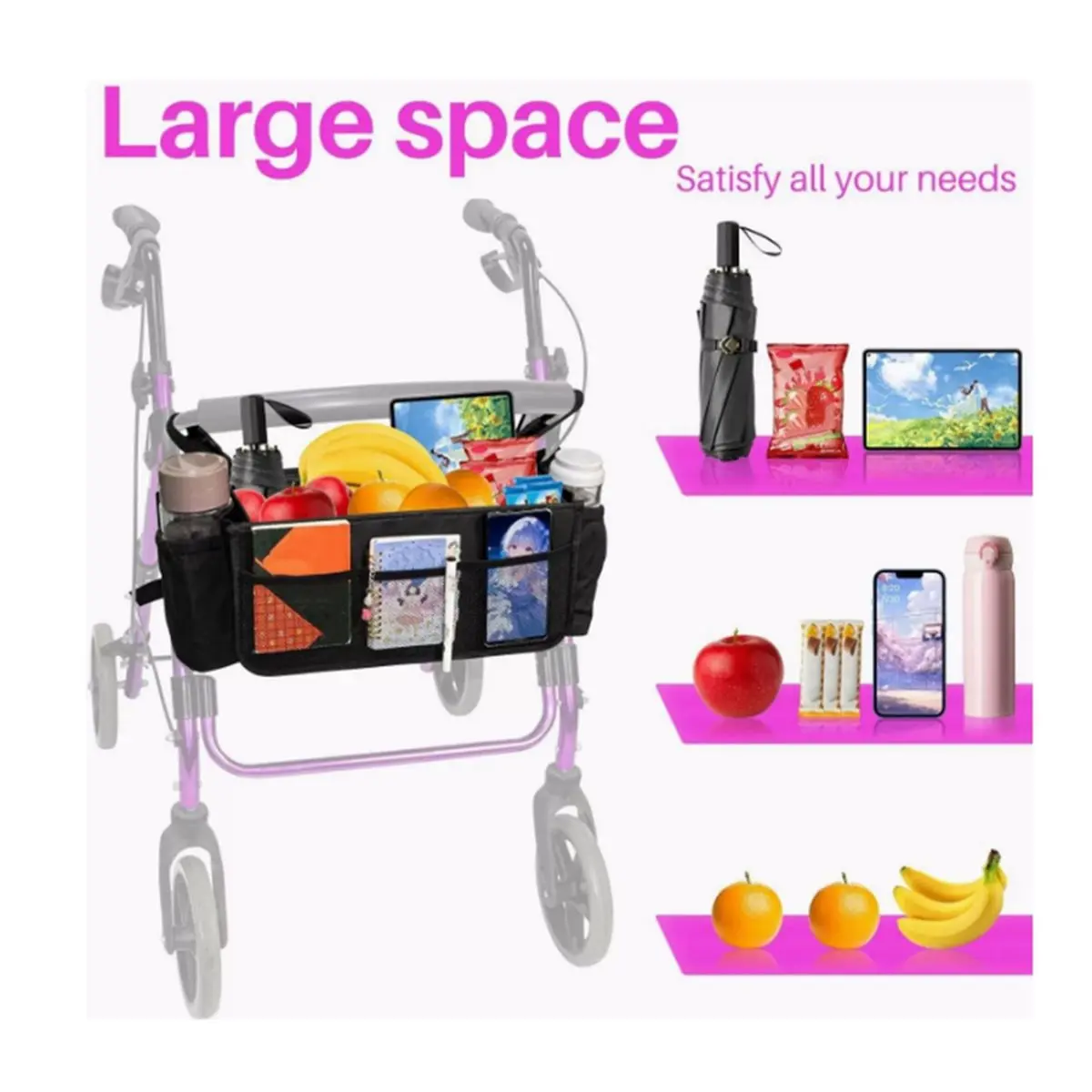 Walker Basket Walker Bag with Cup Holder, Foldable Walker Storage Bag Rollator Accessories Bag with Big Capacity