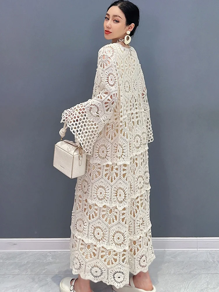 SHENGPALAE 2024 Summer New Women\'s Long Lace Coat With Lace Hooks Hollow Fashionable Elegant Loose Versatile Overcoat 5R9897