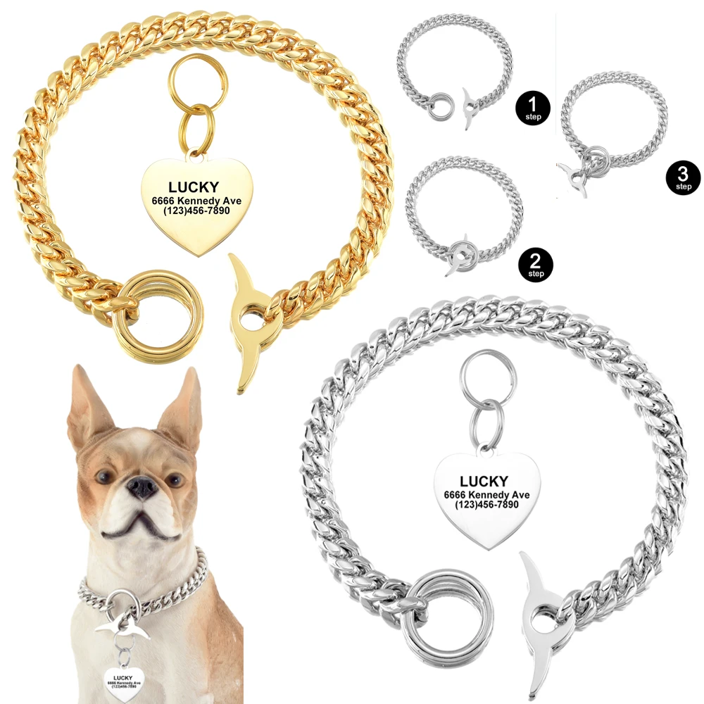 

10mm Metal Gold Silver Dog Chain Collars Stainless Steel With Personalized Pet Dog Chain Choke Collar Pets Engraved Dog Name Tag