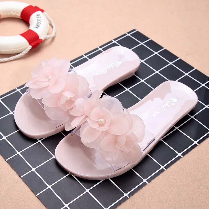 Summer Jelly Slippers Women\'s Single Shoes Flower Crystal Sandals Slippers Fashion Flat Transparent Non-slip Outer Beach Slides