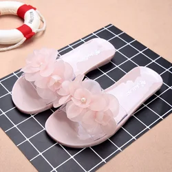 Summer Jelly Slippers Women's Single Shoes Flower Crystal Sandals Slippers Fashion Flat Transparent Non-slip Outer Beach Slides