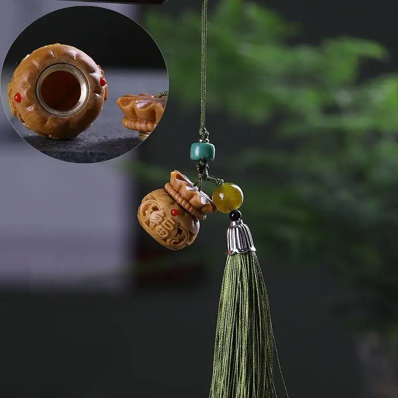 Handmade Wood Sandalwood Sachet Keychain Hollow Carved Lantern Essential Oil Infused Pendant for Car Accessory