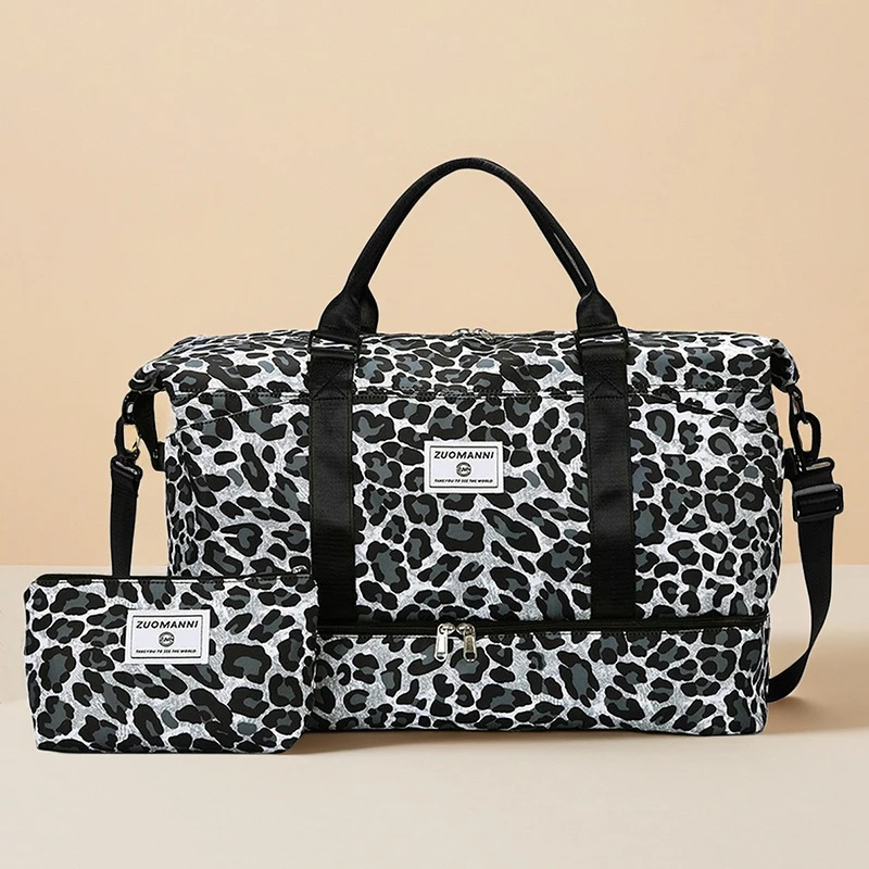 

2pcs Set - Large Capacity Leopard Print Travel Duffels Bag+Cosmetic Bag Travel Handbag Suitable Weekender Overnight Sports Gym