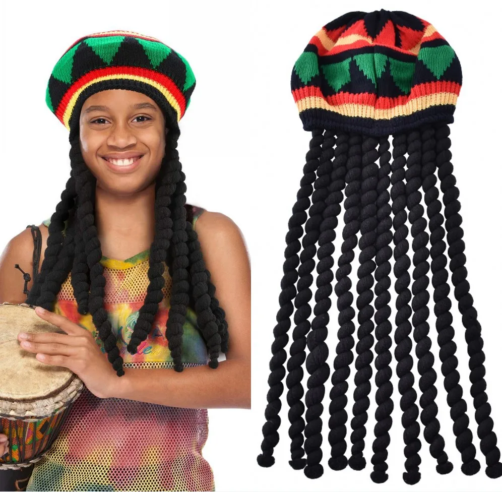 Vintage Jamaican Rasta Black Wig Long Hair Hat Dreadlocks Braid Beanie Knit Cap Stage Hip Hop Dance Headwear Dreadlocks Wig Hat