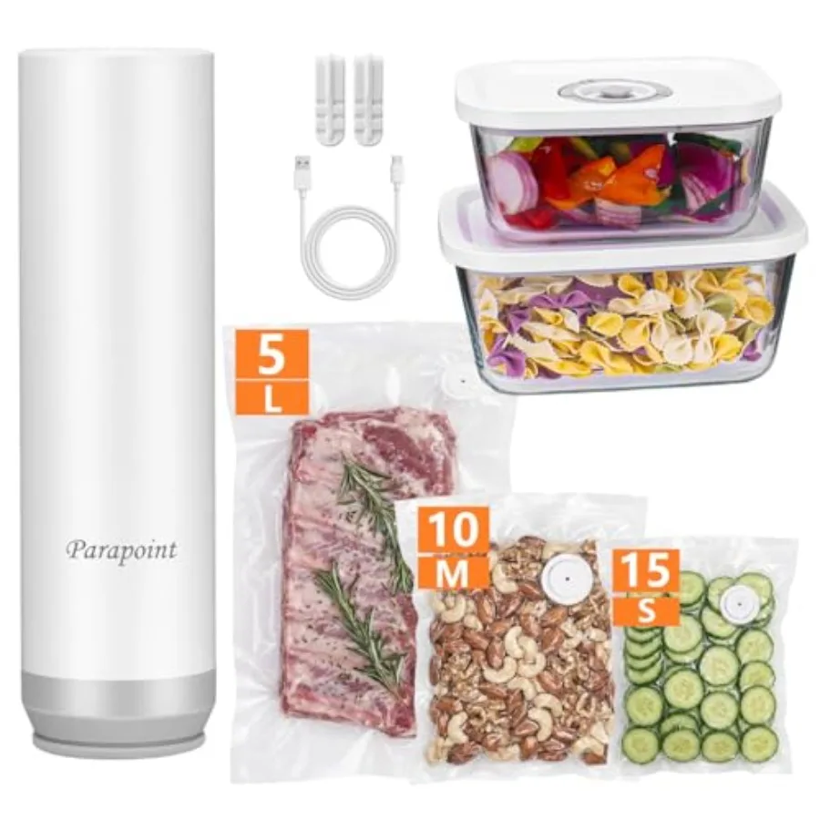 

Handheld Vacuum Sealer for Food: Stainless Steel, Black, Portable Powerful with 2 Glass Containers + 30 Reusable Bags