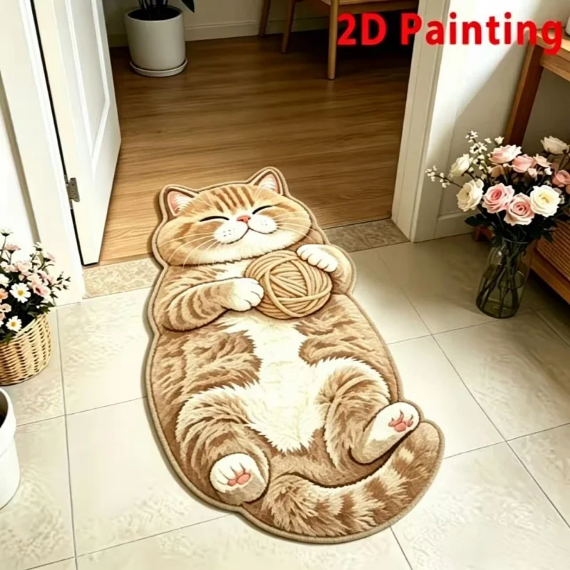 VIKAMA Orange Cat Rug Irregular Shape Yarn Ball Belly Up Non Slip Soft Flannel Floor Mat for Bedroom Living Room Cute Kitty Home
