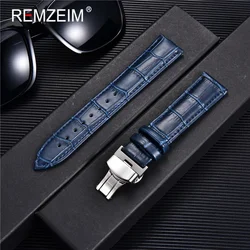 REMZEIM-대나무 패턴 정품 가죽 시계 스트랩, 첫 번째 레이어 소 가죽 시계 밴드 18/20/22/24mm, 스틸 나비 버클 포함