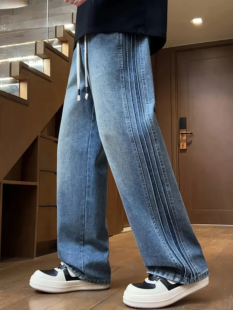 

Джинсы в американском стиле ретро с тремя полосками, мужские весенне-осенние новые стильные уличные эластичные талии, свободные повседневные мужские прямые длинные брюки