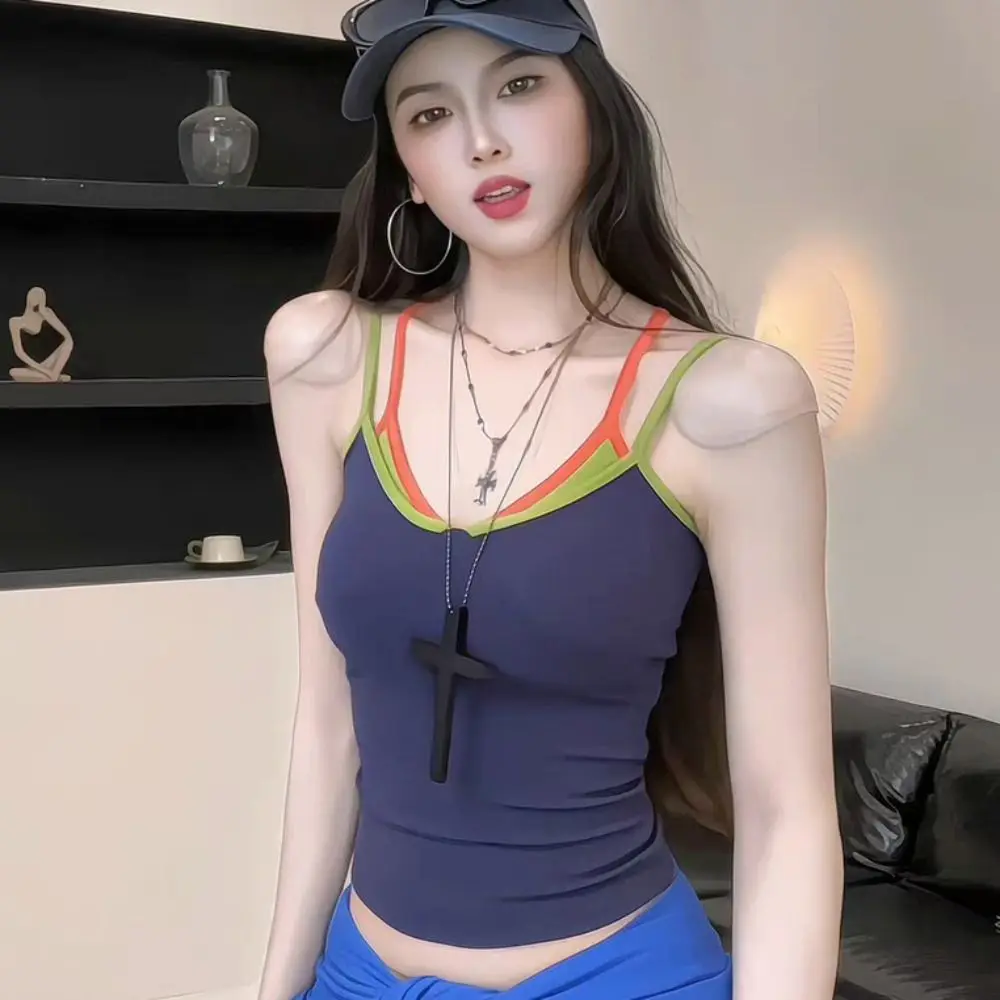 Fashion False Two-piece Camisole Vest Slim Fit Sexy Design Crop Top Strappy Summer Top Summer