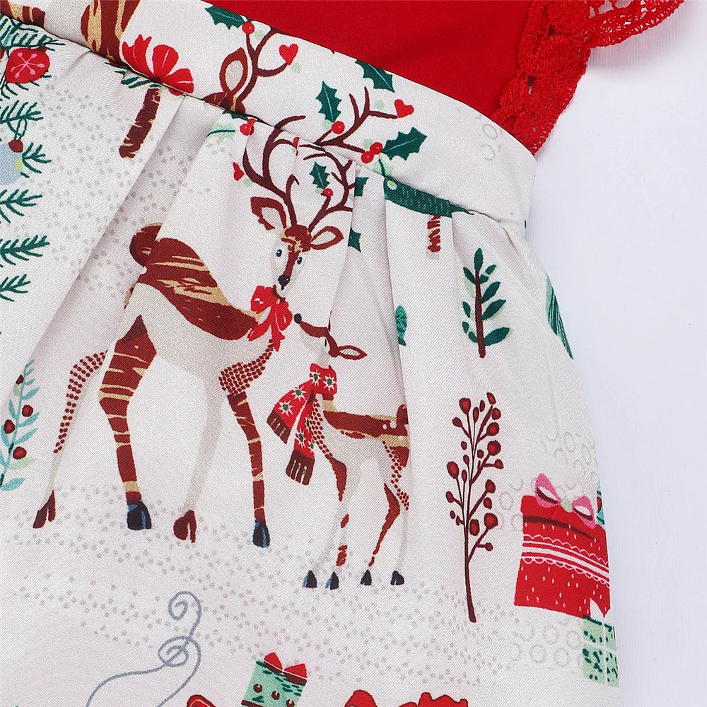 Baby Girl Christmas Romper Summer Sleeveless V-neck Xmas Printed Bodysuit Dress For Newborns My First New Year Baby Costume