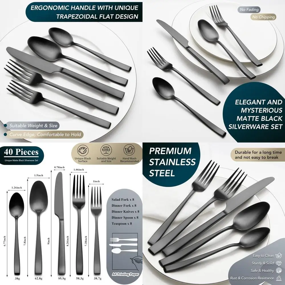 

40-Piece Matte Black Stainless Steel Cutlery Set, Premium Flatware for 8, Includes Knives, Forks, Spoons
