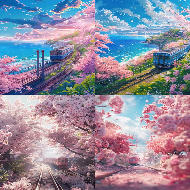 5d Diamond Painting Fantasy Sakura Train Full Diamond Mosaic Landscape Embroidery Cross Stitch Kits Home Decor