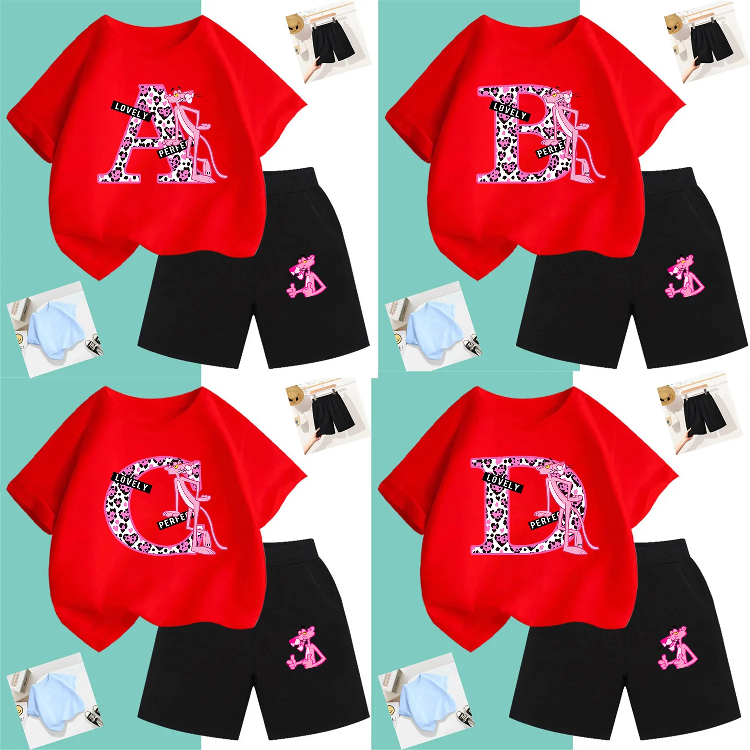 

2024 Fashionable Summer Dress, Children's T-shirt Set, Leopard Print With 26 English Letters, Harajuku Pattern Children's Set